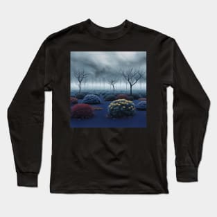 Surreal Blue Natural Landscape with Round Bushes Long Sleeve T-Shirt